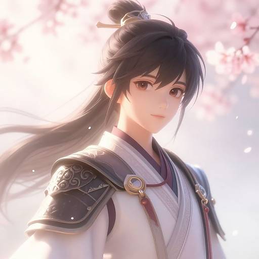 Digital anime-style portrait of a handsome male samurai with black hair in a topknot, wearing ornate white and black armor, against a bright