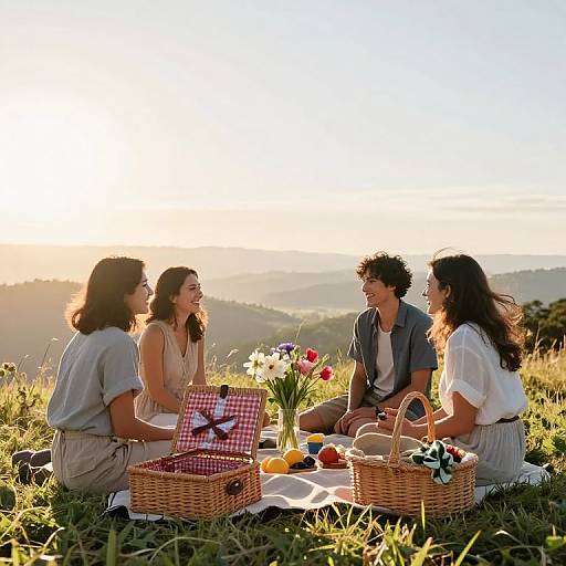 Photograph of four smiling friends sitting on a grassy hill at sunset, enjoying a picnic with baskets and flowers, wearing casual summer clothes.