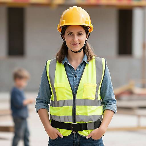 Photograph of a smiling woman with light brown skin, brown hair, wearing an orange hard hat and yellow safety vest, standing on a construction site with