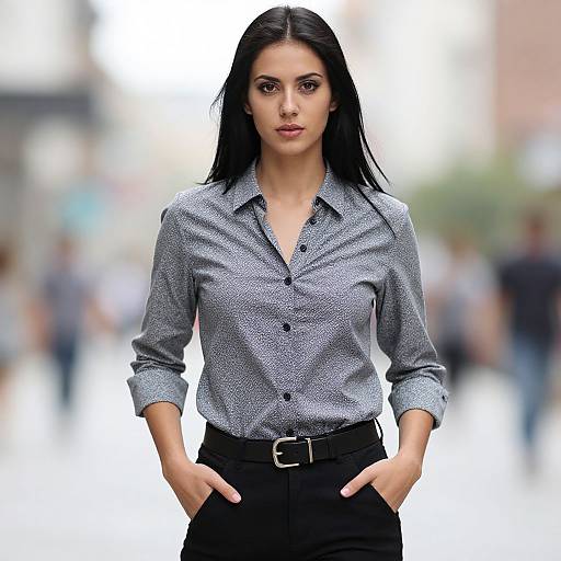 Photograph of a confident woman with long black hair, wearing a gray patterned blouse and black pants, standing with hands in pockets, blurred urban background