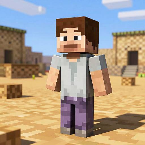 Pixel art of a blocky male character with brown hair, white shirt, and purple pants, standing in a sunlit, stone-walled Minecraft village