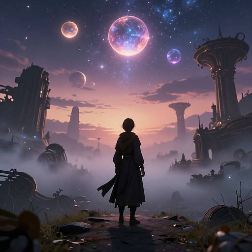 Digital art: Silhouetted figure with flowing robe stands on misty path, gazing at glowing planets in starry twilight sky above futuristic ruins