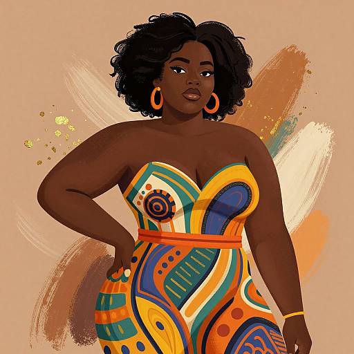 Digital illustration of a confident, dark-skinned Black woman with curly hair, wearing a colorful, strapless patterned dress and large orange earrings, standing
