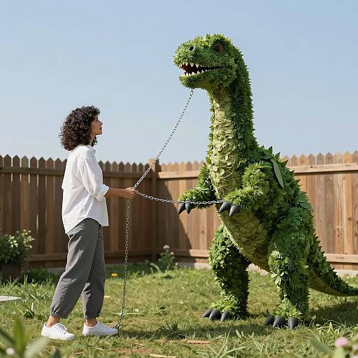 Woman with Topiary Dinosaur in Yard