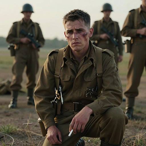 Photograph of a grim-faced, bruised soldier in brown military uniform, holding a cigarette, crouching in front of three standing soldiers with rifles