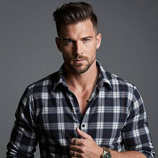 Photograph of a handsome, bearded man with short, styled brown hair, wearing a black and white plaid shirt, unbuttoned, against