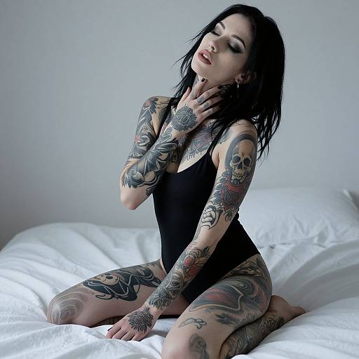Tattooed woman with black hair, wearing black tank top, kneeling on white bed, hands on neck, eyes closed, background white wall.