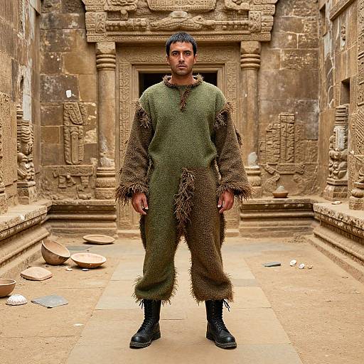 Photograph of a man with short black hair, wearing a fringed, olive-green tunic and black boots, standing in a ancient, stone-car