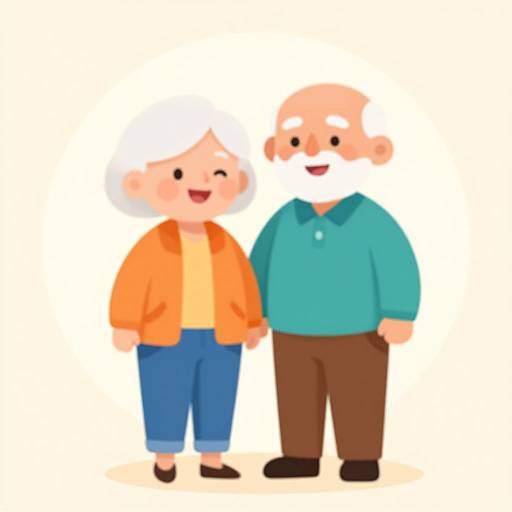 Cartoon illustration of a smiling elderly couple: elderly woman with white hair, orange jacket, blue pants; elderly man with bald head, white beard,