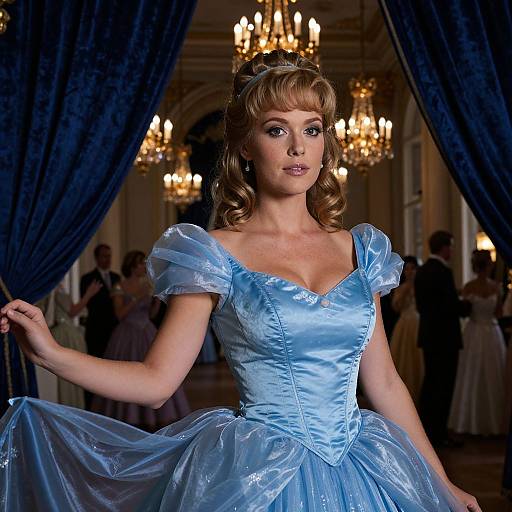 Photograph of a blonde woman in a shimmering blue Princess Aurora dress, twirling in an opulent ballroom with chandeliers and blue curtains