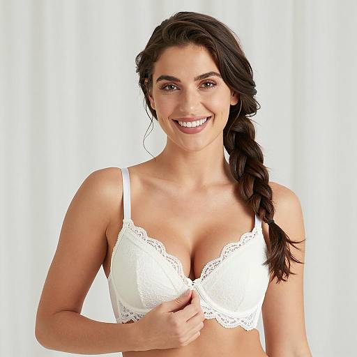 Smiling Woman in White Lace Bra