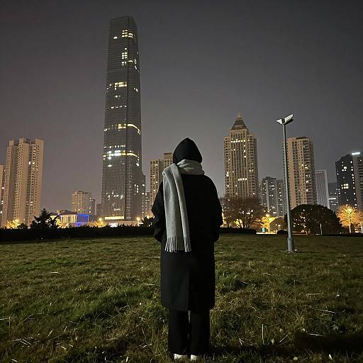 Person in Black Coat Standing in Urban Park at Night