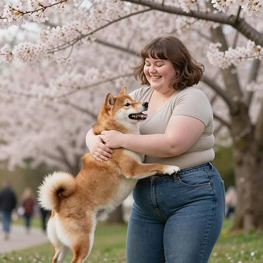 Plus-Size Woman Hugging Shiba Inu in Cherry Blossom Park