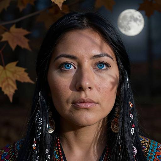 Photograph of a woman with striking blue eyes, long black hair, and intricate earrings, illuminated by a full moon, surrounded by autumn leaves.