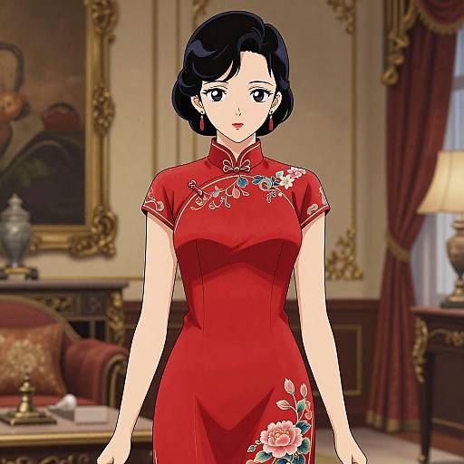 Anime Woman in Elegant Red Cheongsam