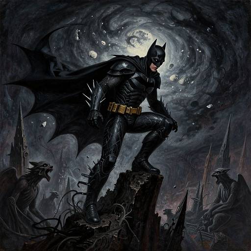 Digital artwork of Batman, with a dark, swirling night sky, standing on a ruin, surrounded by bat-like creatures, in a gothic cityscape