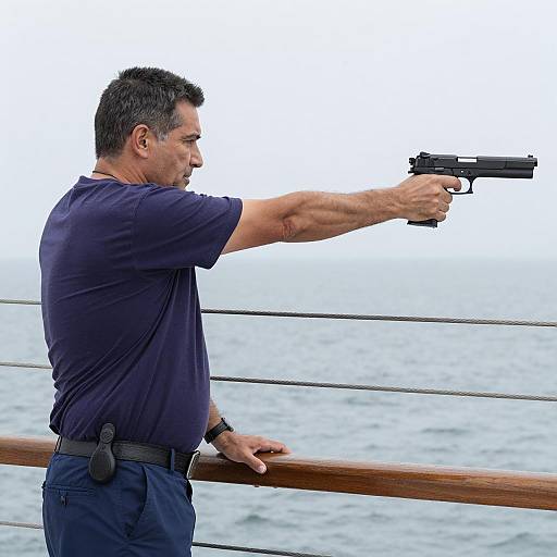 Focused Man Aiming on a Boat