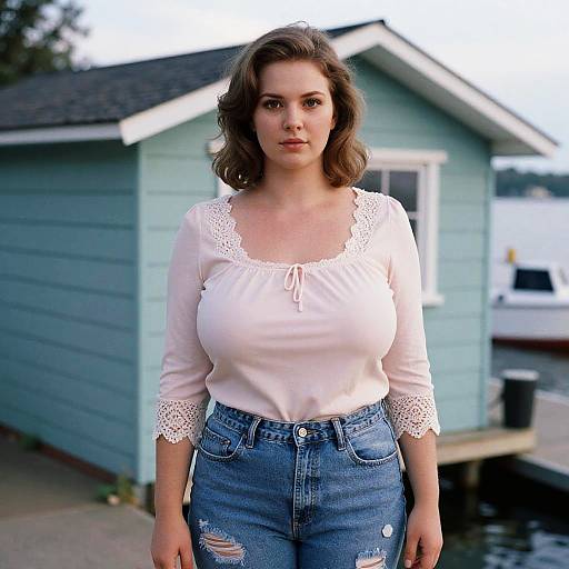 Photograph of a fair-skinned woman with wavy brown hair, wearing a white lace-trimmed blouse and ripped blue jeans, standing in front
