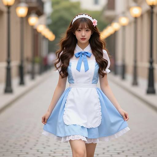 Girl on Cobblestone Street Scene