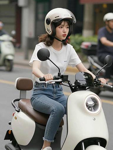 Carefree Woman Riding a White Scooter