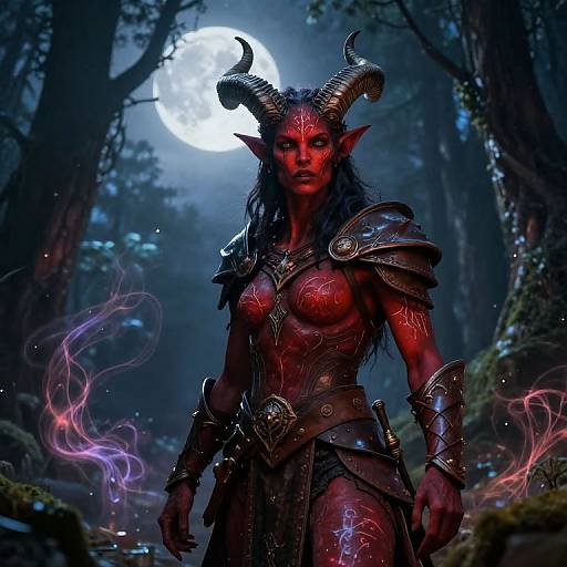 Tiefling in Mystical Moonlit Forest