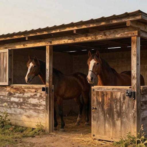 Photograph of two brown horses standing side by side in a rustic, weathered wooden barn with an open door and sunlight.