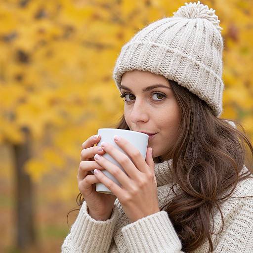 Photograph of a young woman with long brown hair, wearing a white knit hat and sweater, sipping from a white mug against a blurred autumn background
