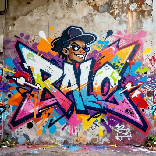 Vibrant graffiti mural of a grinning man in a black hat and sunglasses, with bold 