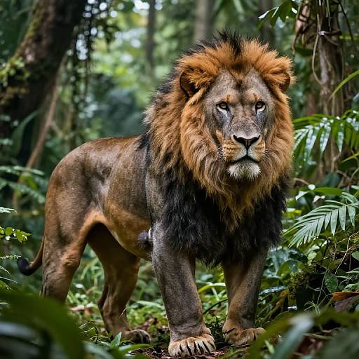 Photograph of a majestic male lion with a thick, golden-brown mane, standing alert in a lush, dense jungle. His piercing eyes and muscular