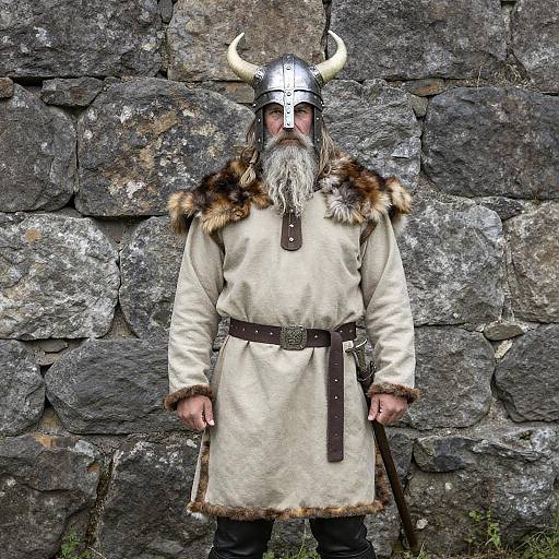 Photograph of a bearded Viking warrior with silver beard, wearing a metallic horned helmet, fur-trimmed beige tunic, and brown belt