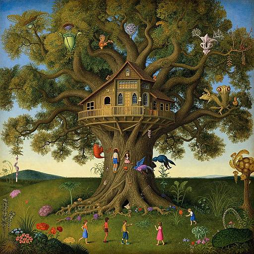 Illustration of a whimsical treehouse in a large tree, surrounded by colorful flowers, children playing, and fairies, set against a blue sky