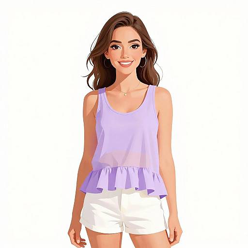Digital illustration of a smiling woman with wavy brown hair, wearing a light purple sleeveless top and white shorts, against a white background.