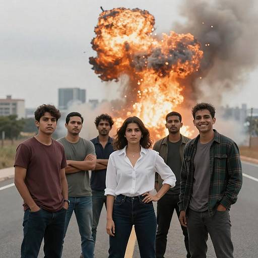 Group of Friends Amidst Explosive Chaos