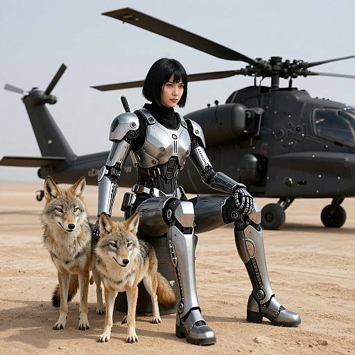Photorealistic CGI: Asian woman in silver robotic armor sits beside two wolves, black helicopter in desert background, clear blue sky.