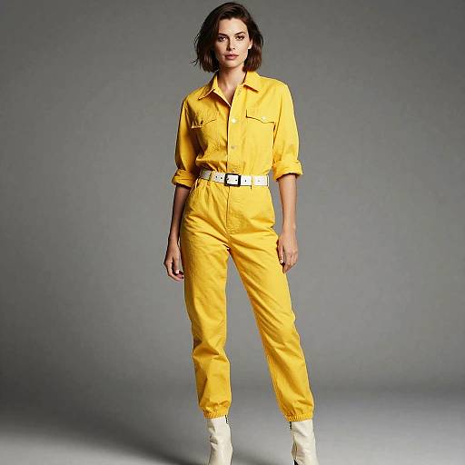 Photograph of a confident woman with short black hair, wearing a bright yellow jumpsuit, white belt, and white boots, standing against a plain gray