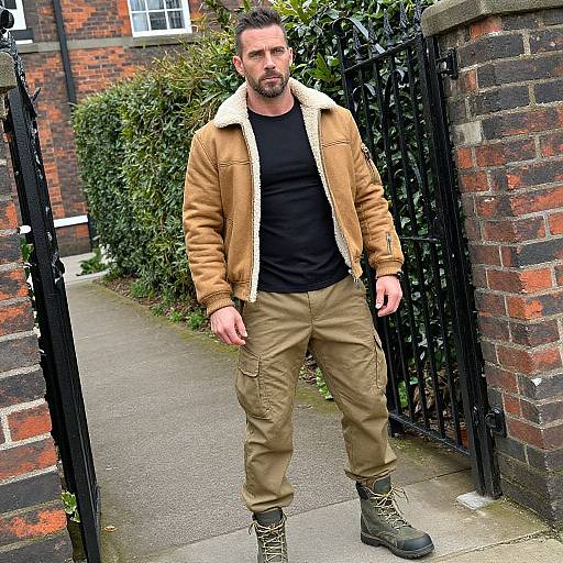 Photograph of a muscular, bearded man with short dark hair, wearing a tan jacket, black shirt, beige cargo pants, and green boots,