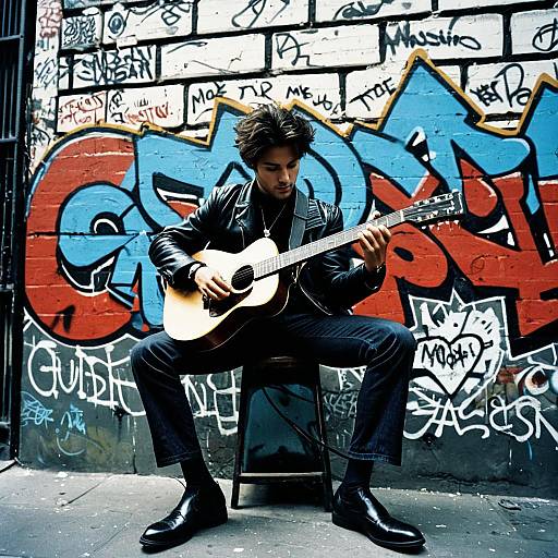 Stylish Musician Playing Guitar by Graffiti Wall