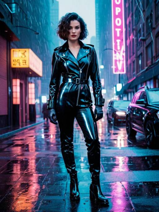 Confident Woman in Leather Catsuit in Neon City