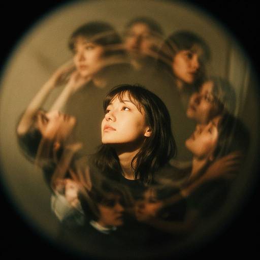 Photograph of an Asian woman with black hair, surrounded by blurred, shadowy faces in a circular motion, creating a surreal, dream-like effect.