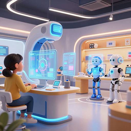 Photorealistic CGI of a futuristic lab: woman in yellow sweater interacts with robotic arm, blue and white humanoid robots, illuminated workspace.