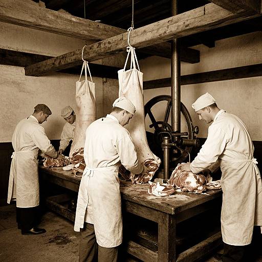 Vintage photograph of four male butchers in white uniforms and caps, working on a wooden slaughter table in a rustic, dimly-lit room with a