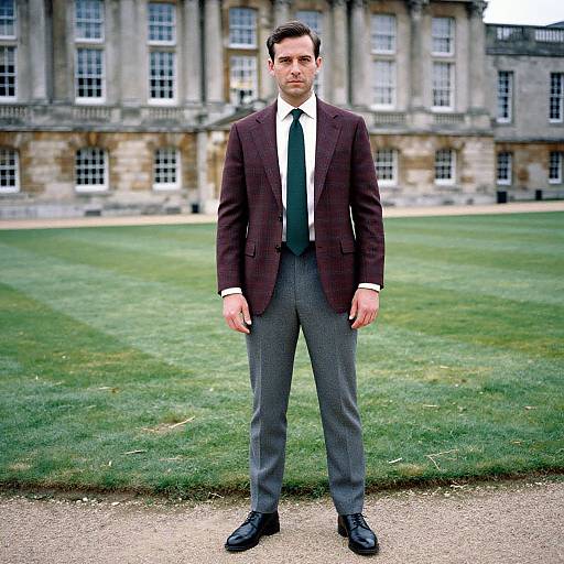 Photograph of a serious-looking man in a dark brown blazer, gray pants, white shirt, green tie, black shoes, standing on grass in