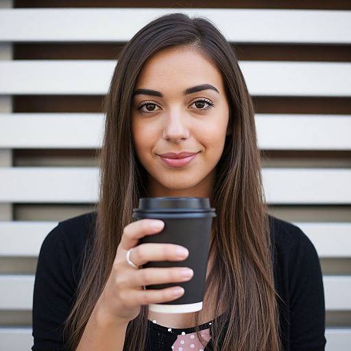 Photograph of a young woman with long dark brown hair, brown eyes, and light brown skin, smiling while holding a black coffee cup, standing in