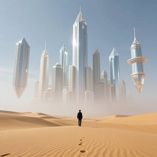 Photorealistic CGI: Silhouette of a lone figure stands in a desert, facing futuristic skyscrapers and a floating building against a clear blue sky