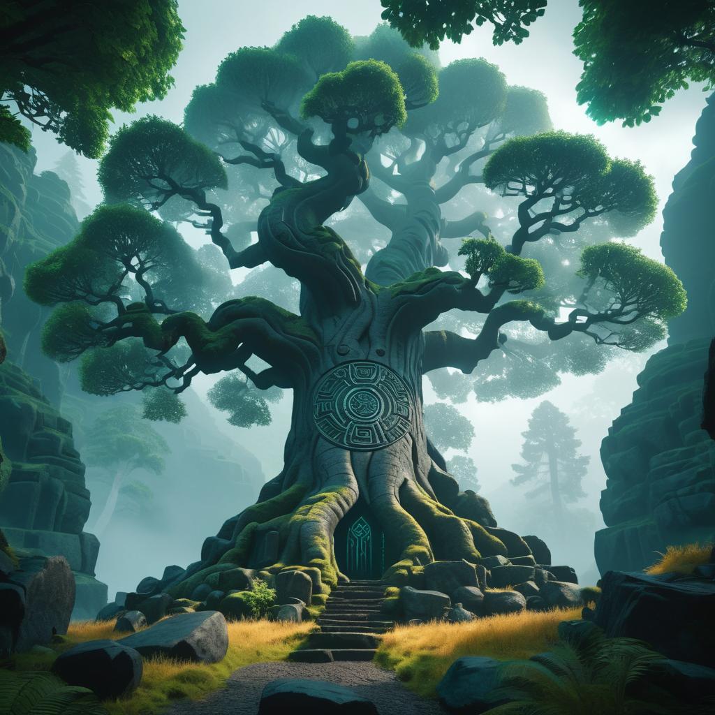 Majestic Carved Tree in Fantasy Landscape