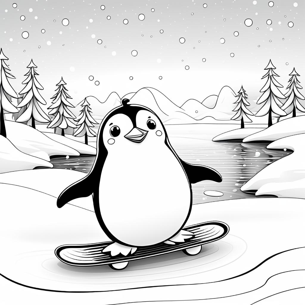 Whimsical Coloring Page of Sliding Penguin