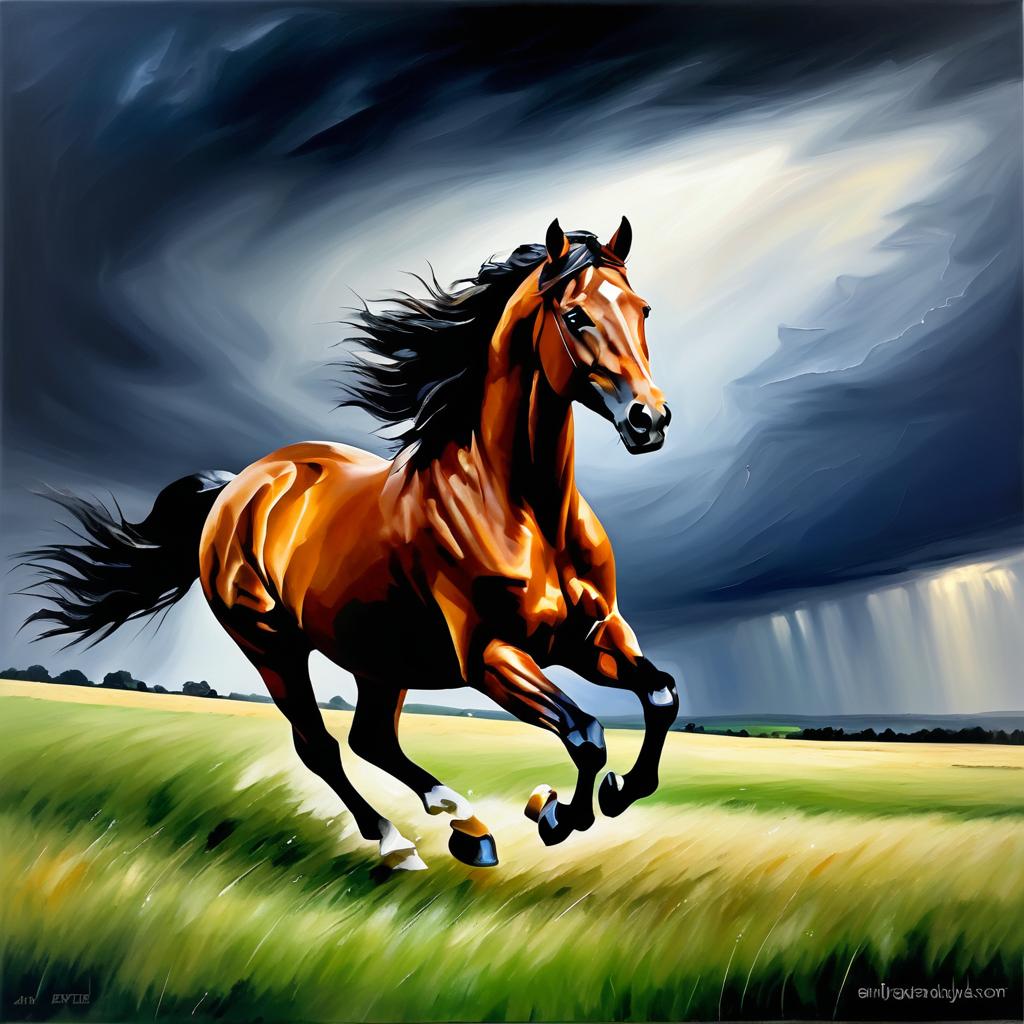 Dramatic Galloping Horse in Oil Painting