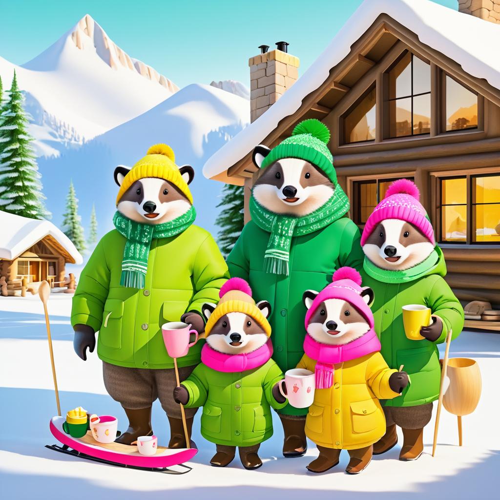 Cozy Family Badgers in Winter Wonderland