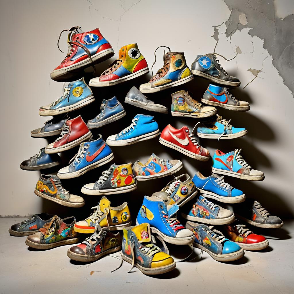 Unique Sculpture of Shoes and Vintage Toys