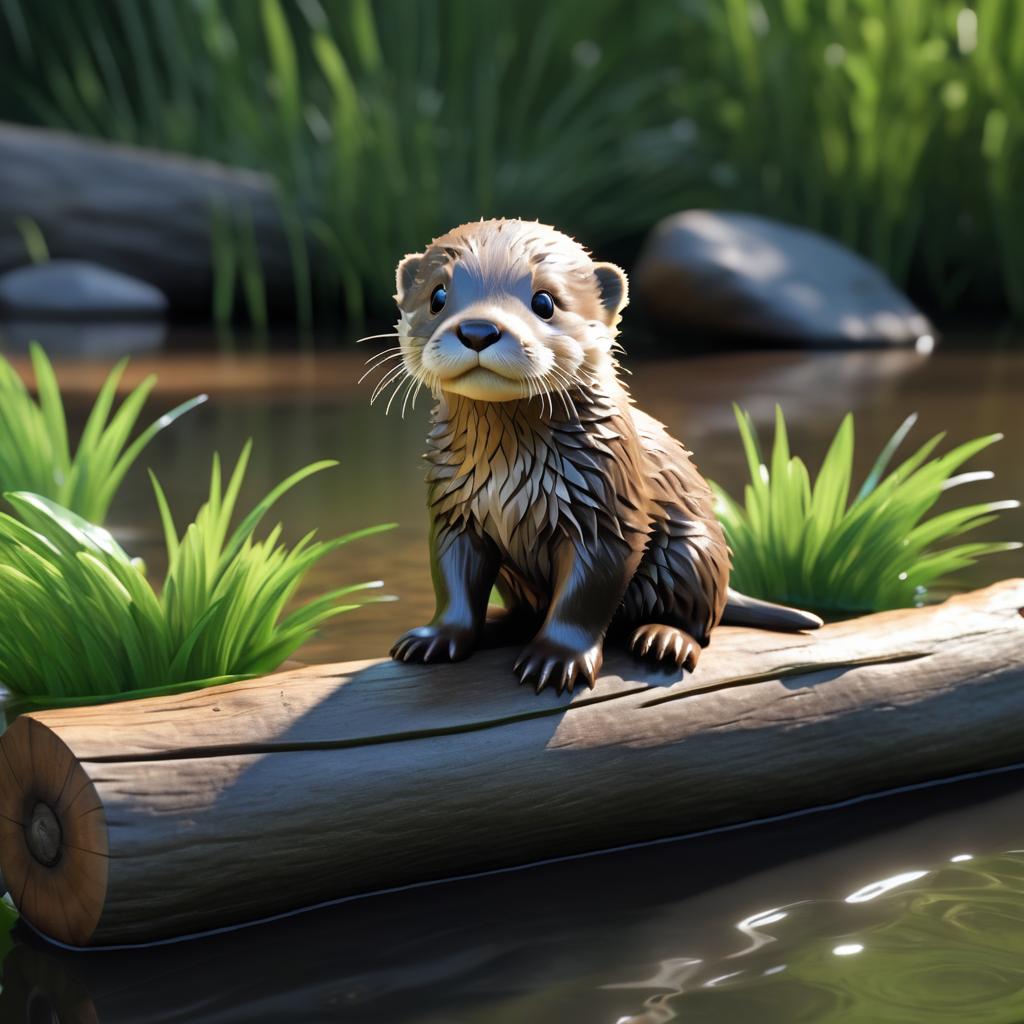 Photorealistic Otter Pup on Floating Log